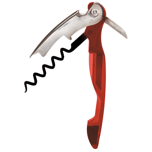 A PullPlus Domaine red and silver corkscrew with a translucent red wine handle.