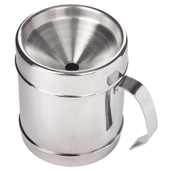 A customizable polished stainless steel Franmara wine tasting spittoon with a handle.