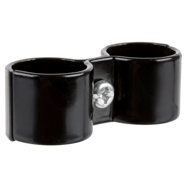 Two black plastic Regency post clamps with silver screws.