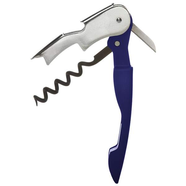 A PullPlus corkscrew with a blue rubberized handle and silver accents.