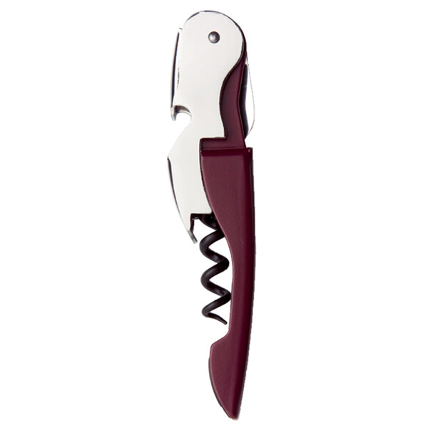 A PullPlus waiter's corkscrew with a burgundy enameled steel handle.
