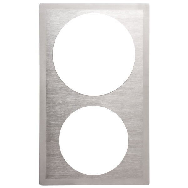 A silver rectangular metal plate with two white circles inside.