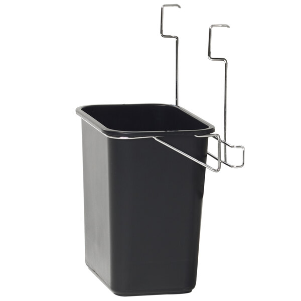 A black Metro wastebasket with metal hooks.