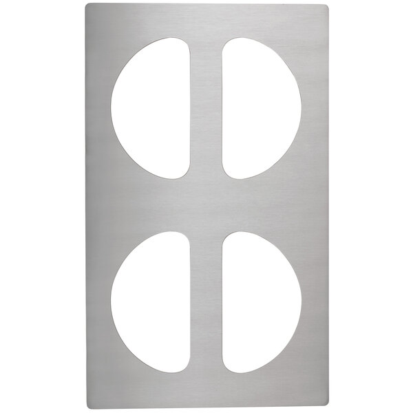 A silver rectangular stainless steel adapter plate with two oval holes.