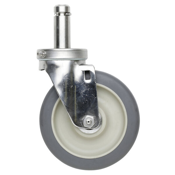A white and grey MetroMax stainless steel swivel stem castor with a wheel and metal post.