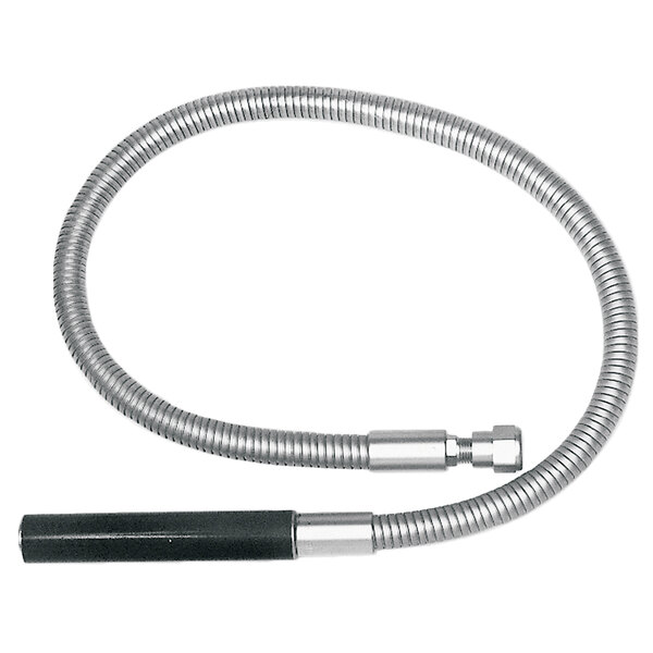 A Fisher stainless steel flexible pre-rinse hose with a black handle.