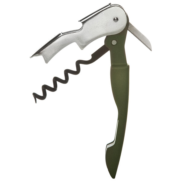A PullPlus waiter's corkscrew with a matte green and white rubberized handle and a knife.
