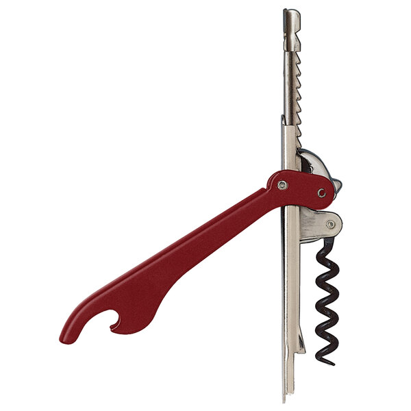 A Puigpull red enameled corkscrew with a metal pole and bottle opener.