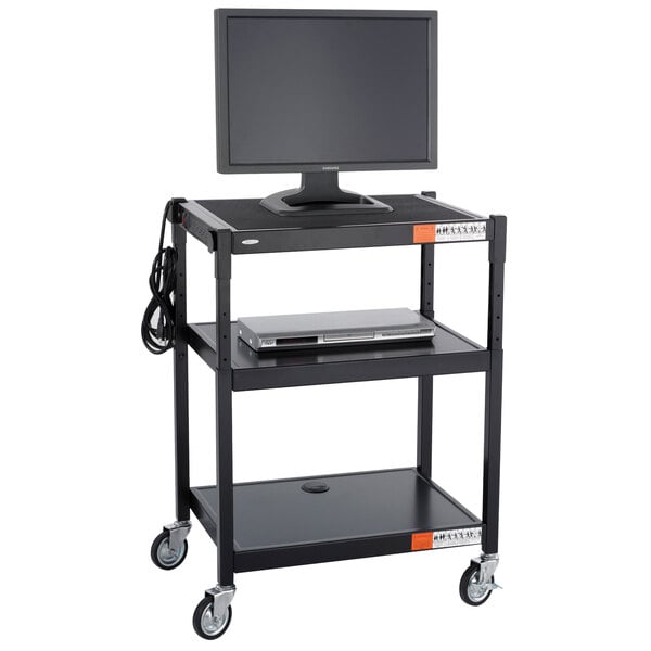 A black Safco steel A/V cart with a computer and monitor on it.