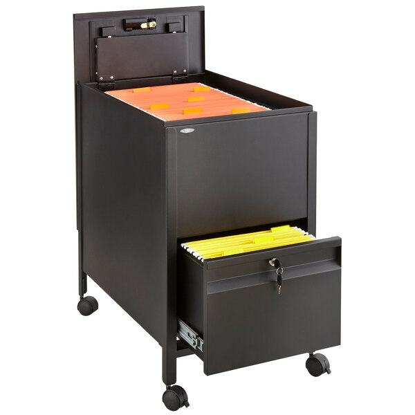 A black Safco locking file cabinet with a drawer and files.