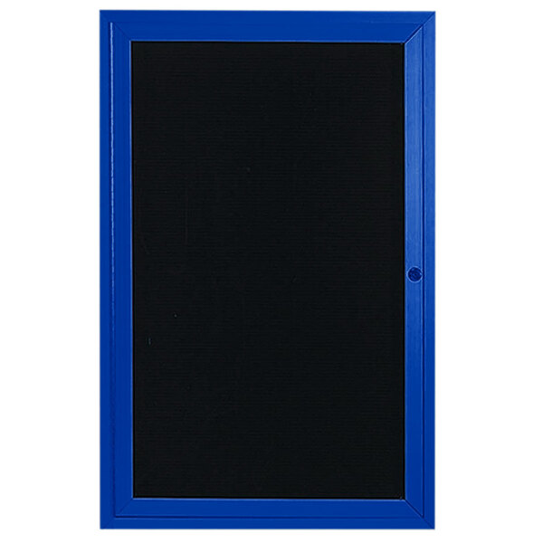 A blue and black framed bulletin board with a black letter board inside.