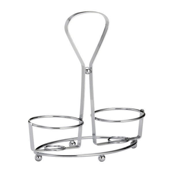 A silver metal Tablecraft condiment caddy stand with two round baskets.