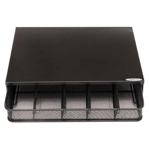 A black metal rectangular coffee pod organizer with a mesh tray.