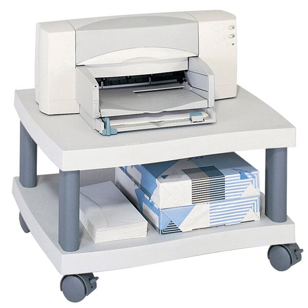 A Safco charcoal gray printer stand with a printer on the top shelf.