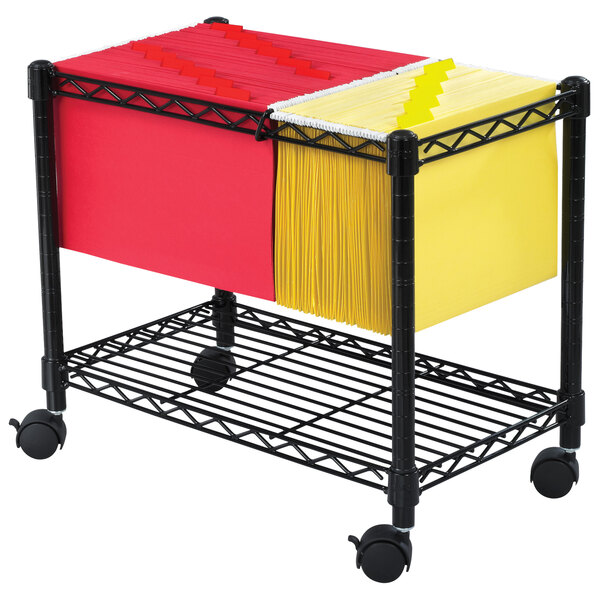 A black Safco wire file cart with file folders on it.