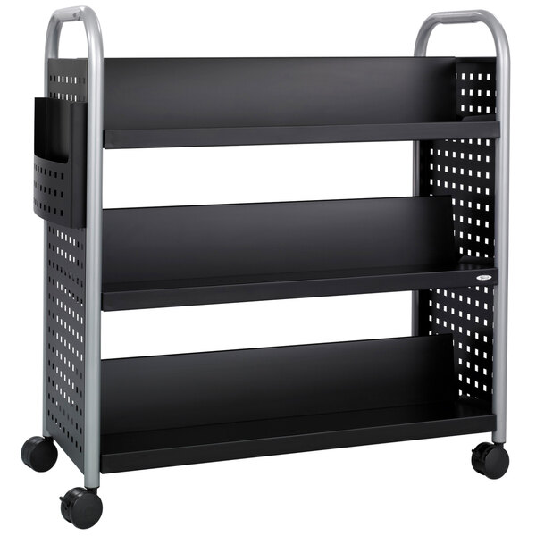 A black metal Safco book cart with six shelves and wheels.