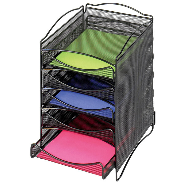 A black wire mesh Safco document sorter with five sections holding different colored papers.