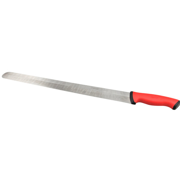 A long rectangular red and black knife.