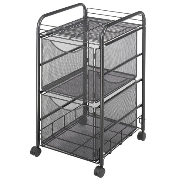 A Safco black wire mesh rolling cart with shelves and file storage.
