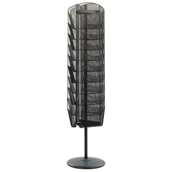 A black Safco steel mesh rotating magazine rack filled with magazines on a black base.