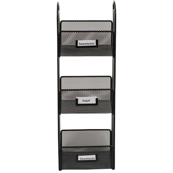 A black wire mesh Safco breakroom organizer with three compartments.