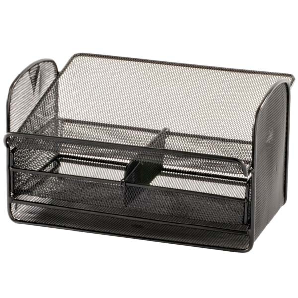 A black metal mesh desk organizer with three compartments.