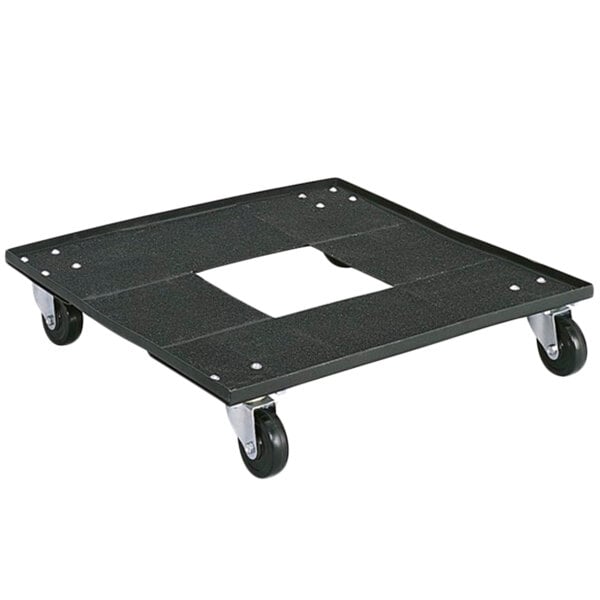 A black plastic dolly with wheels for Safco stacking chairs.