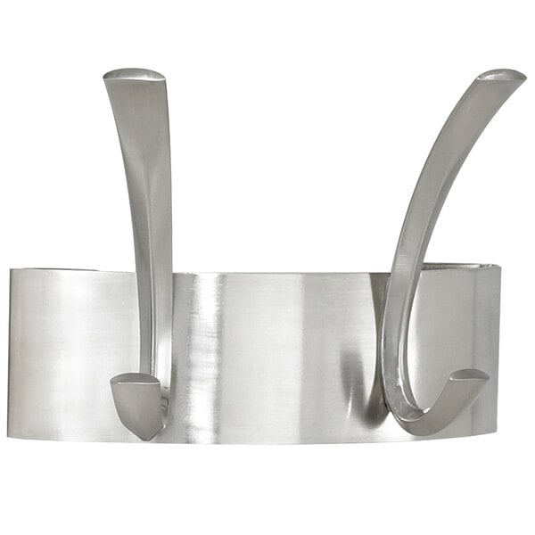 A Safco brushed nickel metal coat rack with two hooks.
