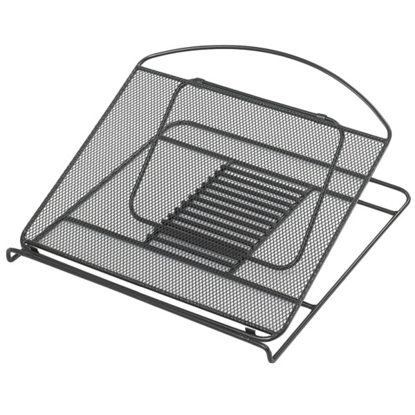 A black wire mesh tray on a metal rack.