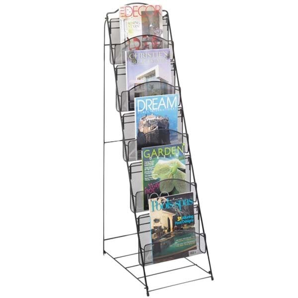 A Safco Onyx Steel Mesh magazine display rack filled with magazines.