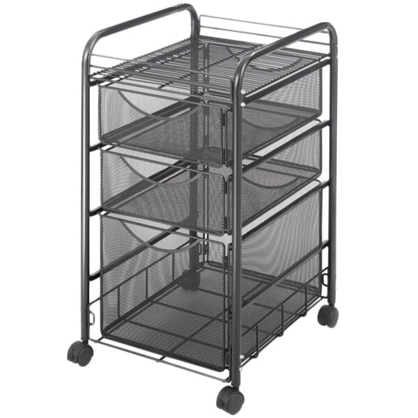 A Safco black wire mesh mobile file cube with three drawers and wheels.