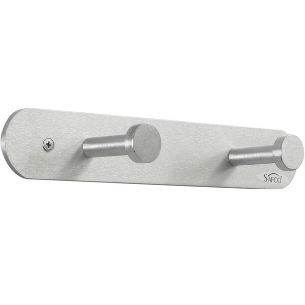 A silver Safco aluminum coat hook with two round pegs.