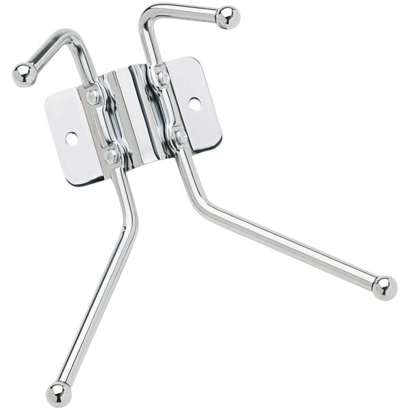 A chrome metal Safco coat hook with two pegs.