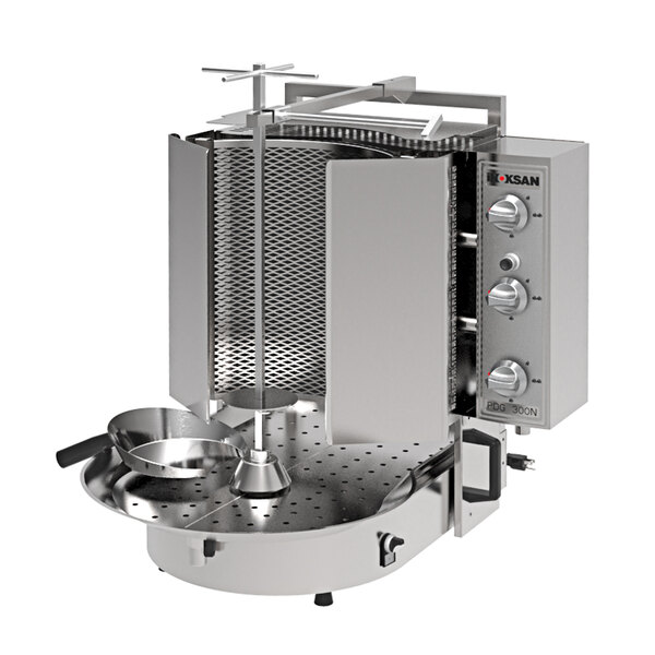 An Inoksan stainless steel vertical broiler with a Robax glass shield.