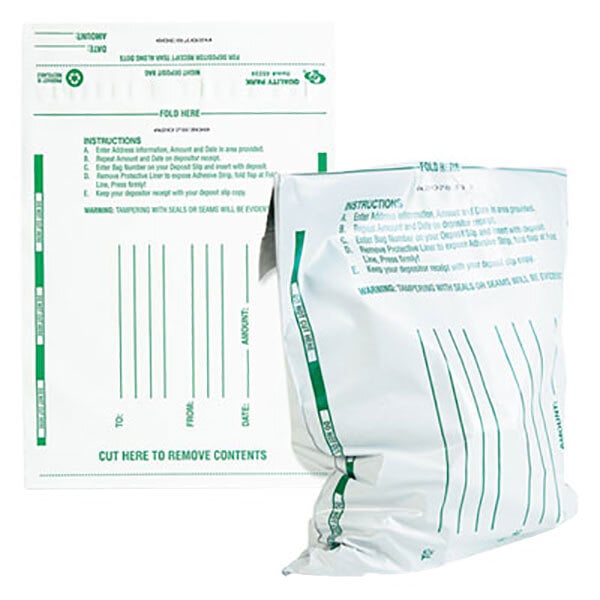 A close-up of a white bag with a green and white tag with printed information.