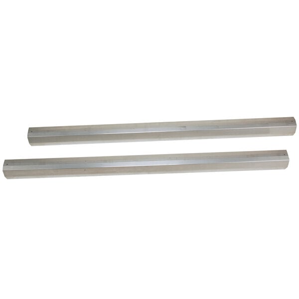 A pair of silver metal rods with white rectangular floor pads on the ends.