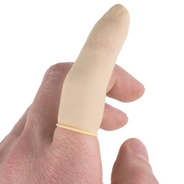A finger covered by a Medi-First latex finger cot with a ring on it.