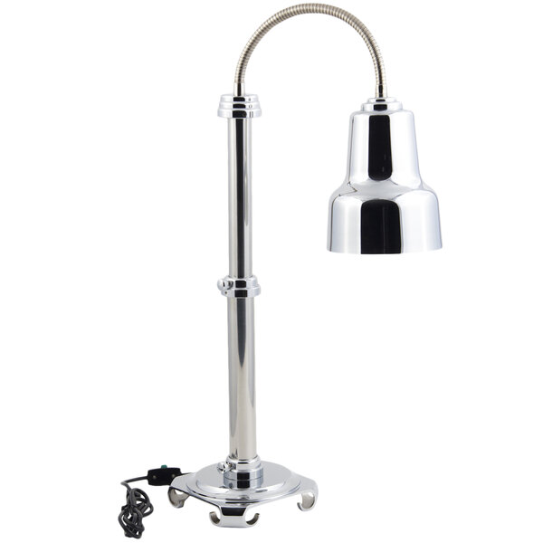 A silver Bon Chef freestanding heat lamp with a single bulb and adjustable height.