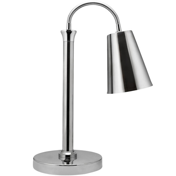 A silver freestanding heat lamp with a curved metal shade.