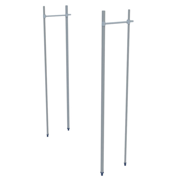 A pair of metal poles with white rectangular shelves on top.