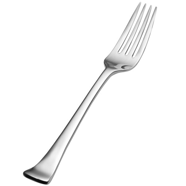 The silver handle of a Bon Chef European dinner fork.
