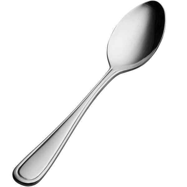 A Bonsteel soup/dessert spoon with a silver handle.