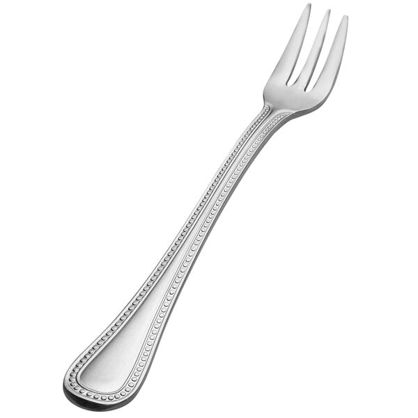 A silver Bonsteel cocktail fork with a design on the handle.