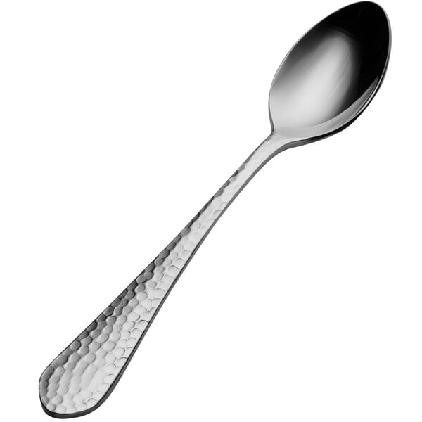 A close-up of a Bon Chef Bonsteel teaspoon with a silver handle.