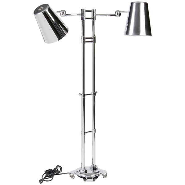 A silver freestanding adjustable height heat lamp stand with two bulbs.