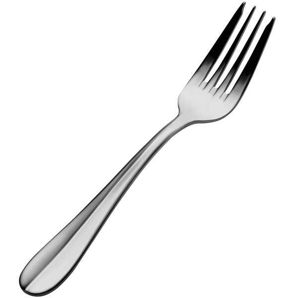 A close-up of a Bon Chef Bonsteel salad/dessert fork with a silver handle.