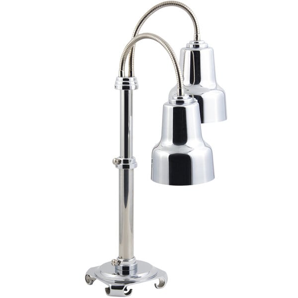 A silver Bon Chef freestanding heat lamp with two bulbs under shades.