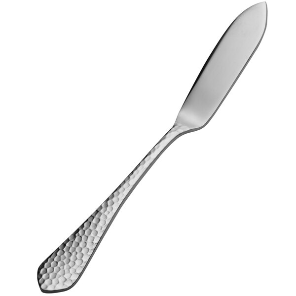 A silver Bonsteel butter knife with a textured handle.
