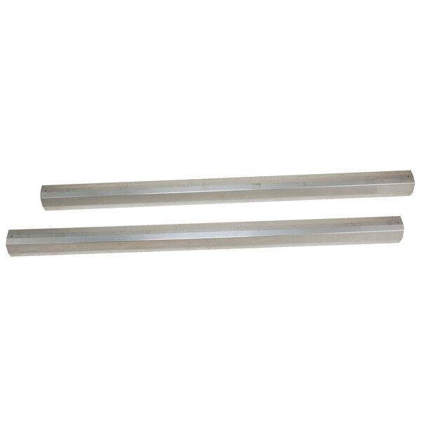 A pair of stainless steel rods for a Metro top track on a white background.