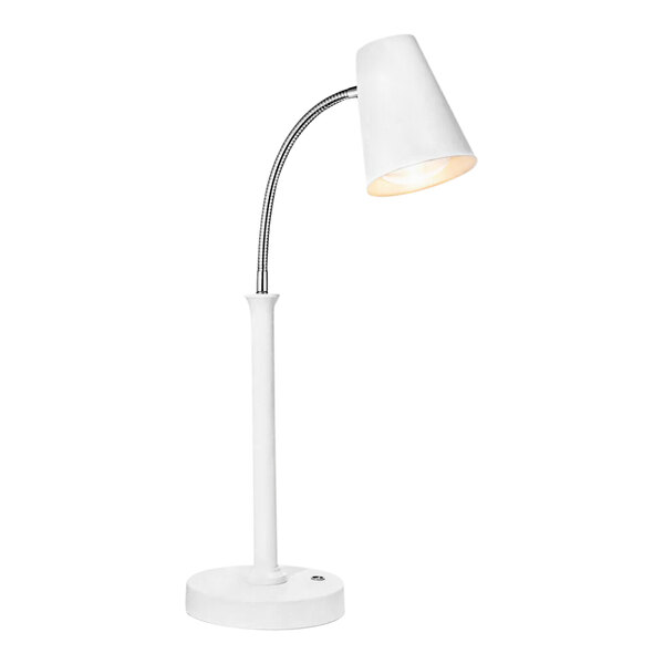 A white freestanding heat lamp with a curved pole and a white top.